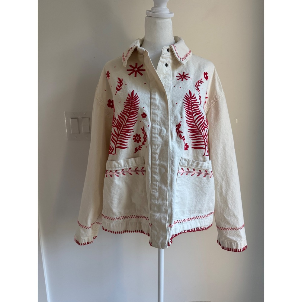 Zara Womens Embroidered Cotton Canvas Jacket Cream Red Floral XS Oversized